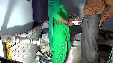 Lewd Desi mom in green saree fucked by shopkeeper in village store pantry