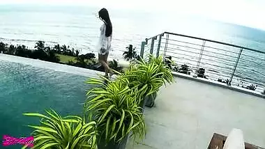 Accidentally cum in her pussy near the rooftop pool - SolaZola