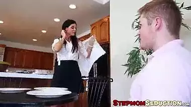 Sex starved mom fucks with teen couple in the kitchen