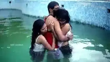 Husband Fucks his Wife and Friend in Pool in Threesome